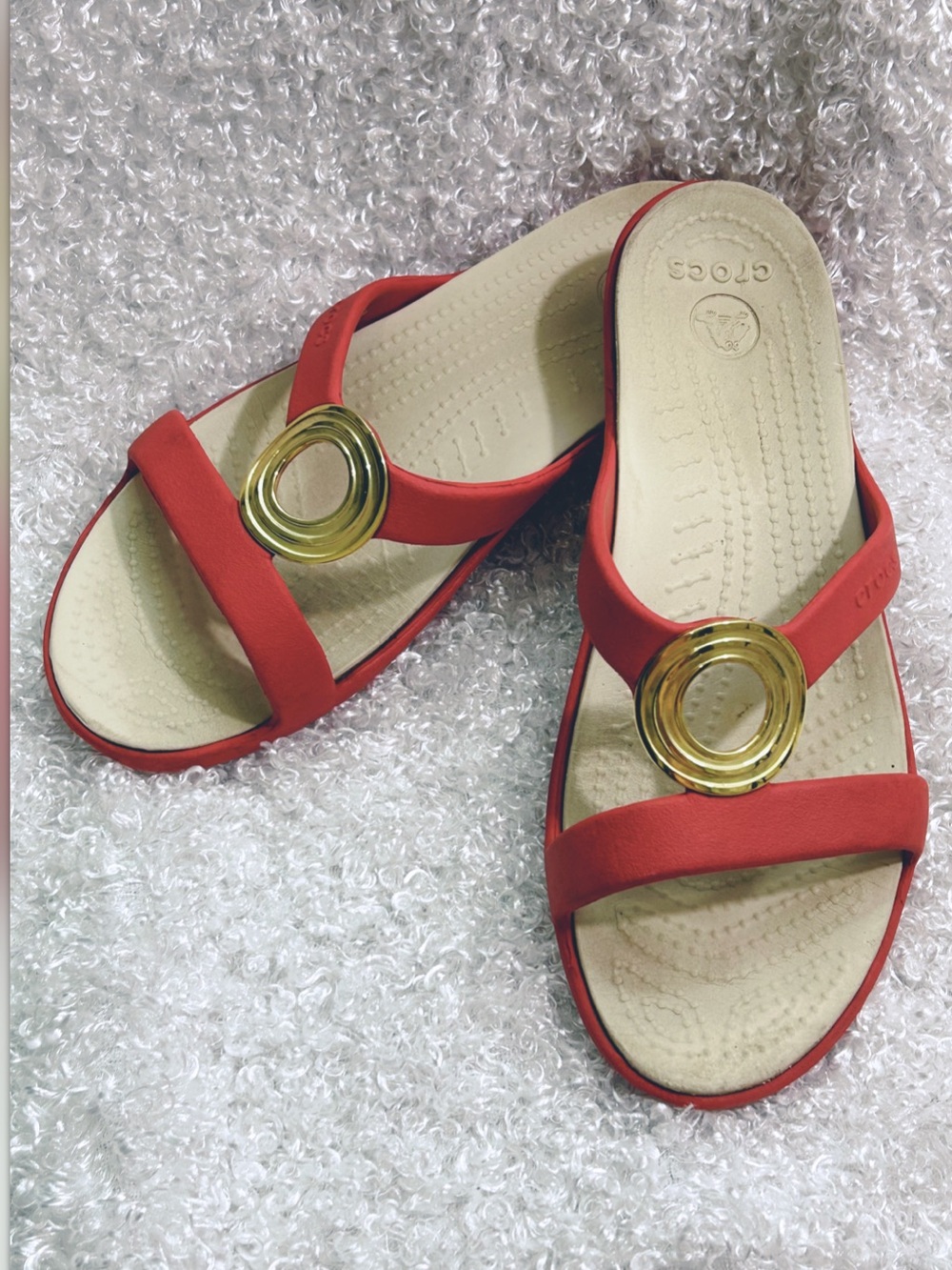 CROCS Gold Toned Medallion Slide Sandals